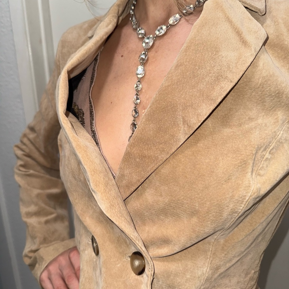 Suede Double-Breasted Tan Women's Blazer Jacket Zara Leather Collection - Picture 3 of 7
